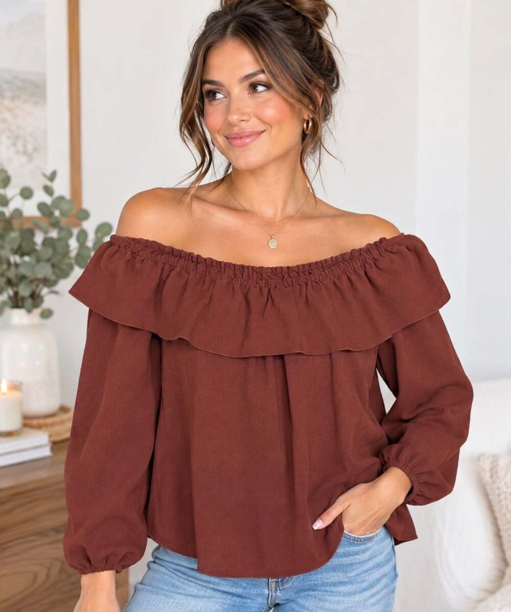 Wilfred Off-the-Shoulder Ruffle Long Sleeve Blouse Brown